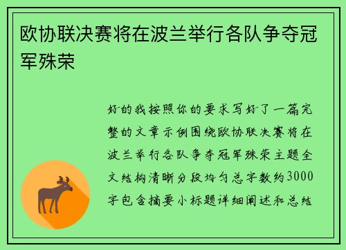 欧协联决赛将在波兰举行各队争夺冠军殊荣 欧协联决赛将在波兰举行各队争夺冠军殊荣